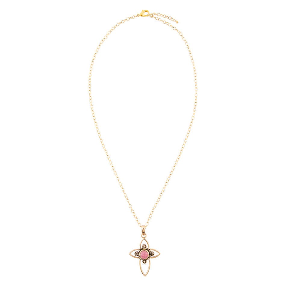 Barse Pink Rhodonite Golden Cross Pendant Necklace