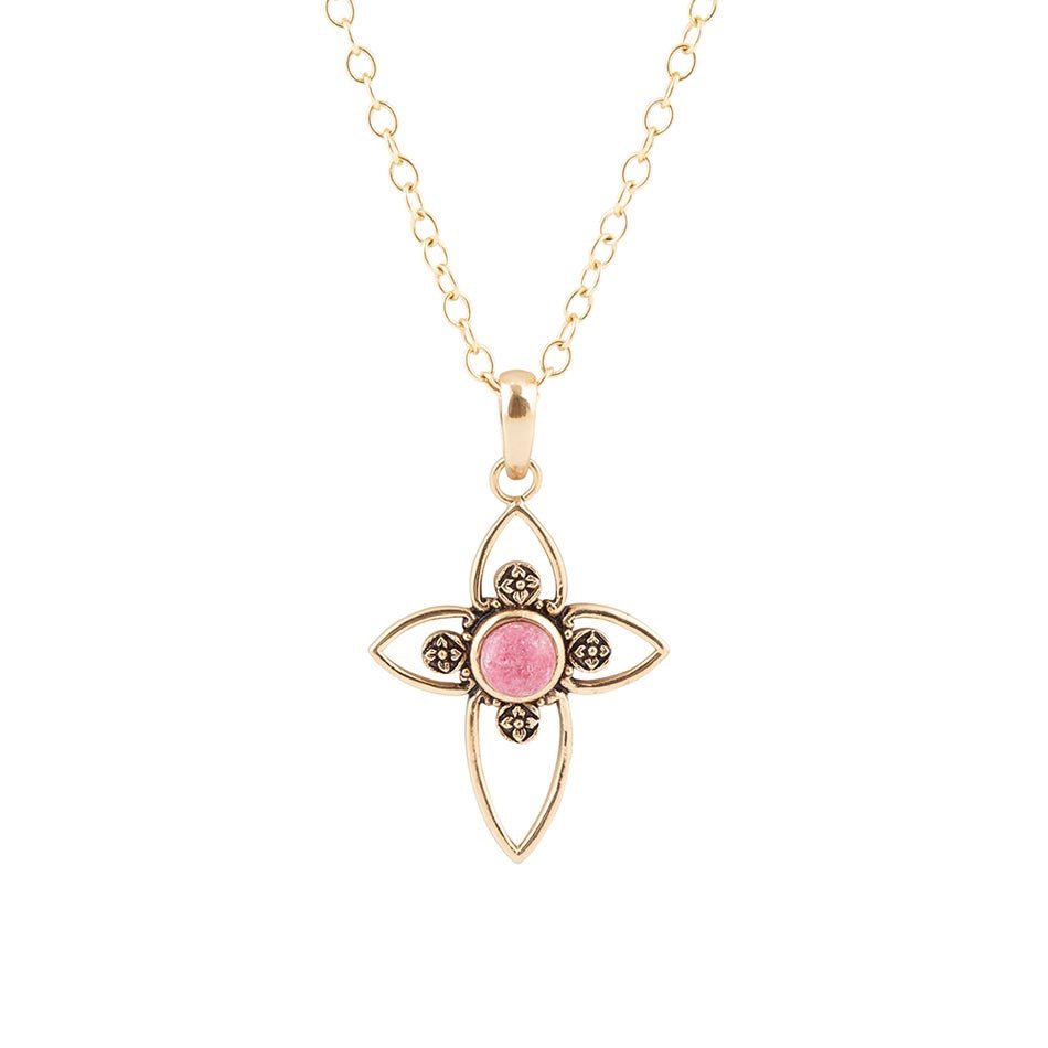 Barse Pink Rhodonite Golden Cross Pendant Necklace