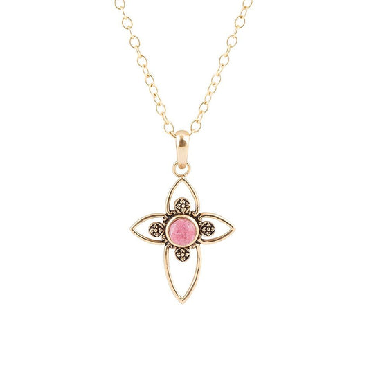 Barse Pink Rhodonite Golden Cross Pendant Necklace