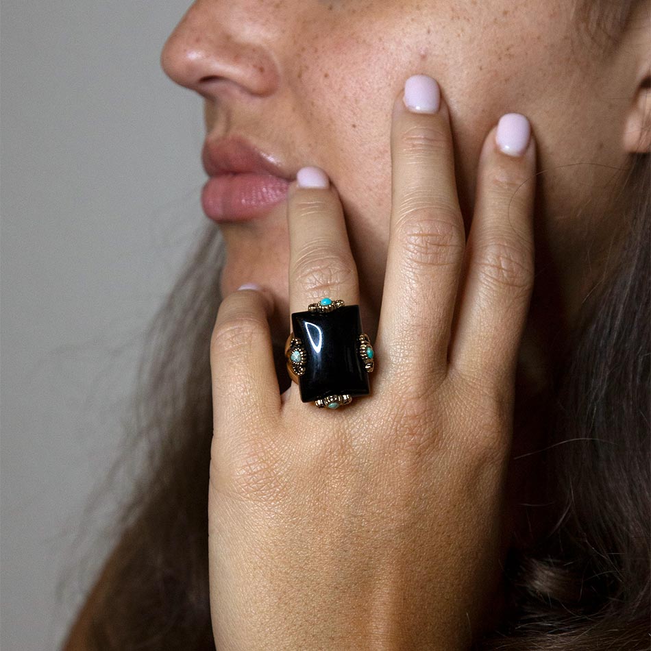 Barse Prima Black Onyx Golden Statement Ring