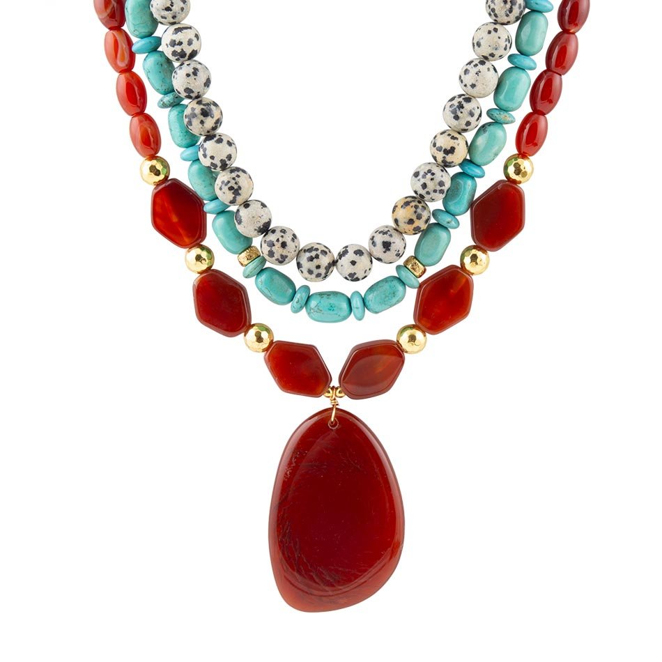 Barse Red Carnelian Colorful Golden Pendant Necklace