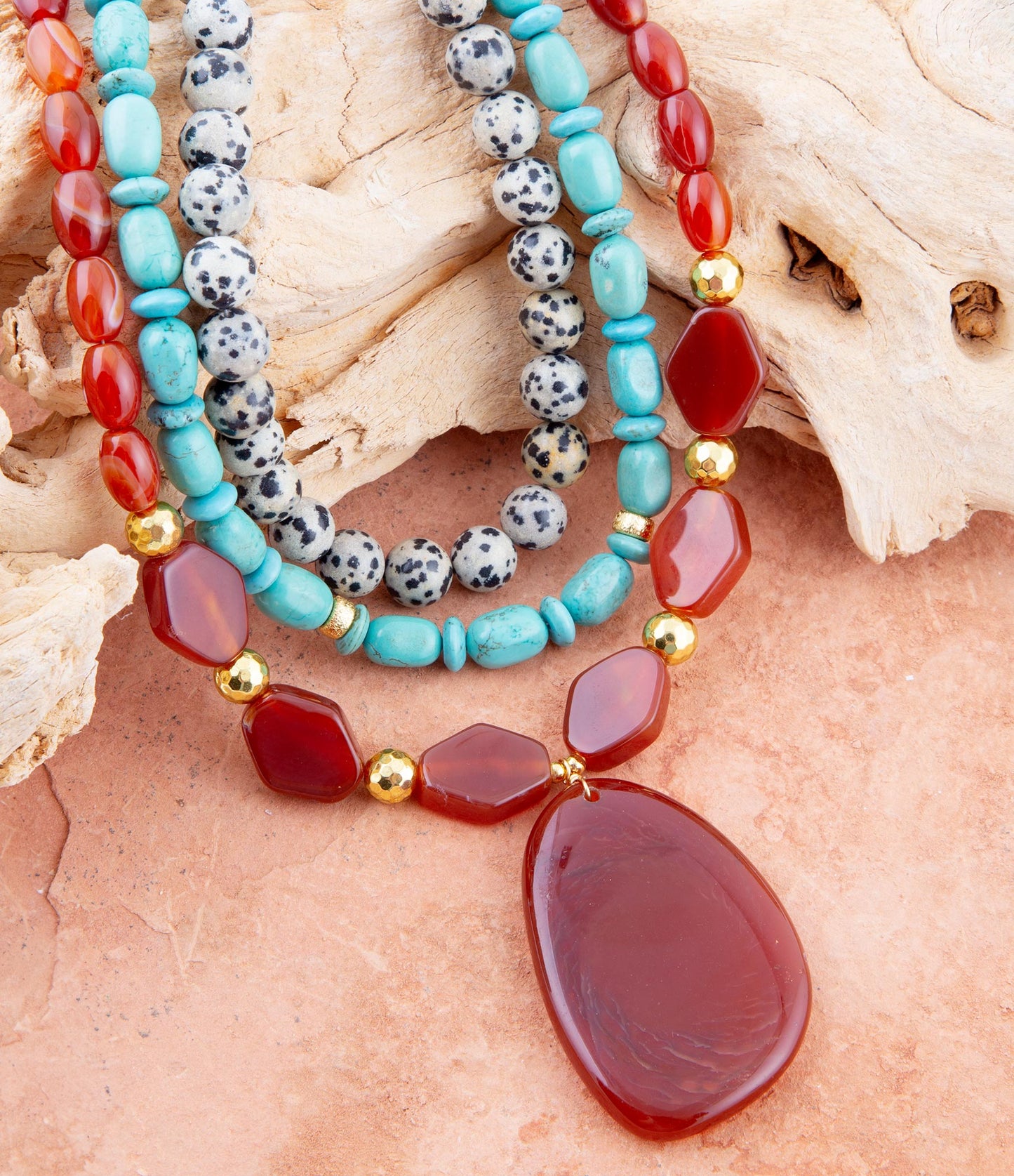 Barse Red Carnelian Colorful Golden Pendant Necklace