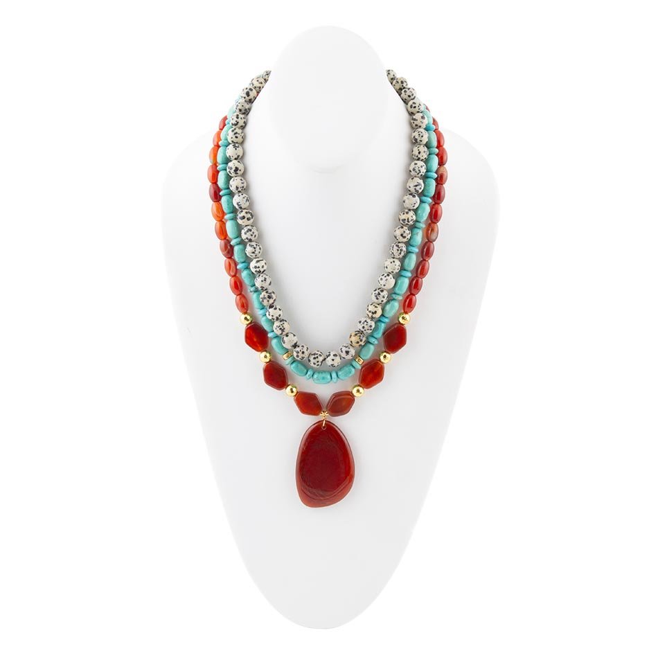 Barse Red Carnelian Colorful Golden Pendant Necklace