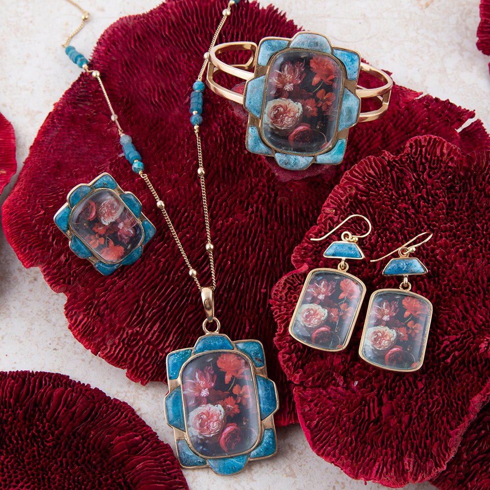 Scenic Dark Florals Blue Apatite Golden Drop Earrings