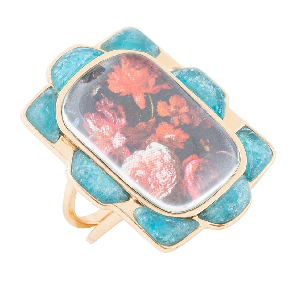 Scenic Red Florals Blue Apatite Golden Statement Ring