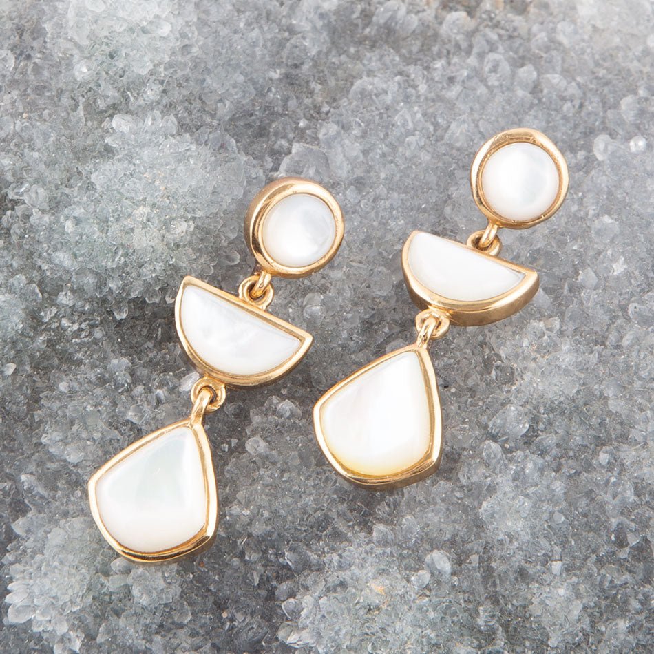 Barse Shaped in White Mother of Pearl Golden Post Earrings