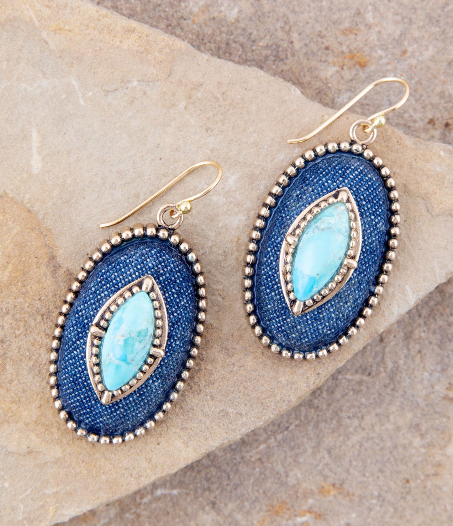 Barse Stacked Blue Turquoise and Denim Golden Drop Earrings