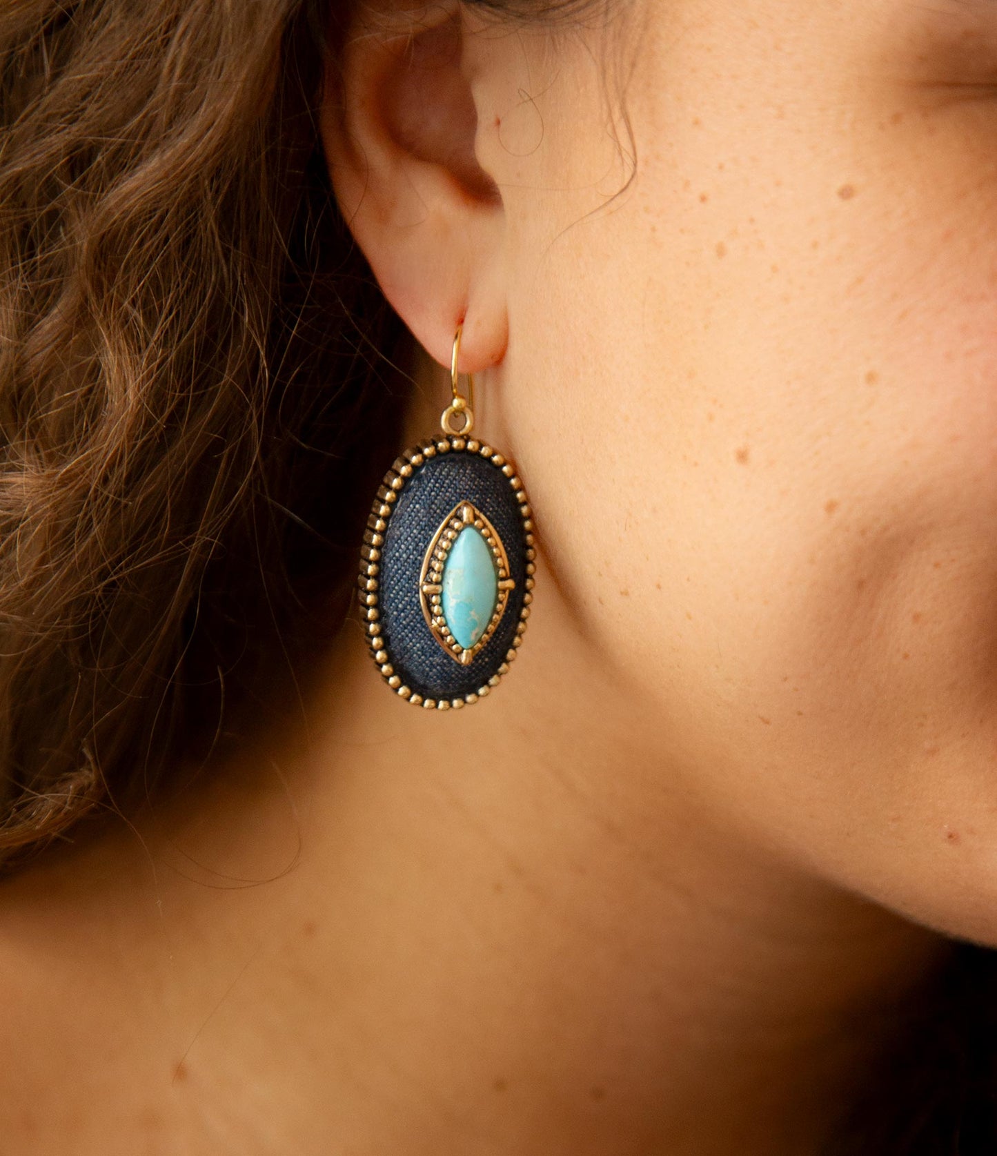 Barse Stacked Blue Turquoise and Denim Golden Drop Earrings