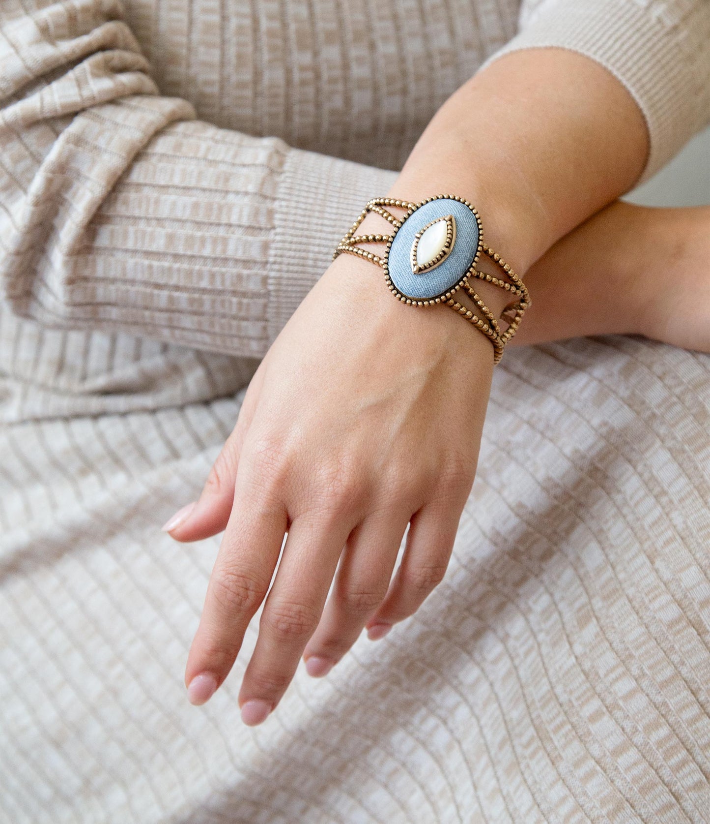 Barse Blue Denim Dreams White Mother of Pearl Golden Cuff Bracelet