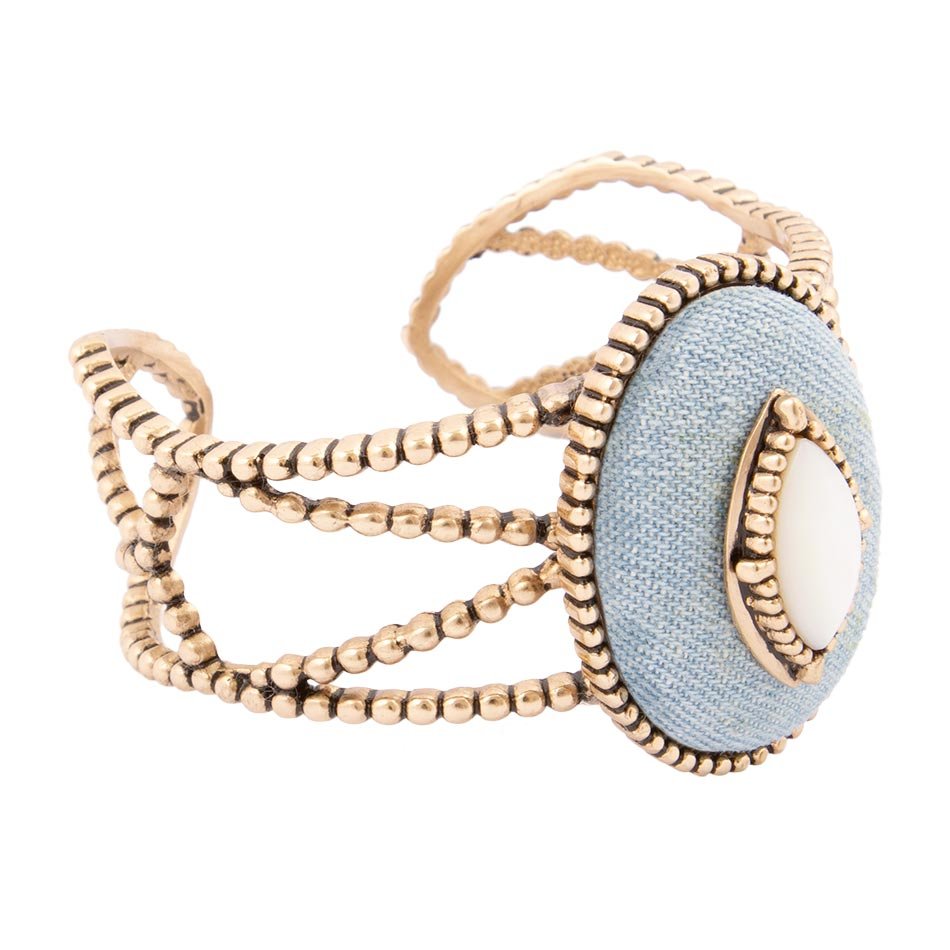 Barse Blue Denim Dreams White Mother of Pearl Golden Cuff Bracelet