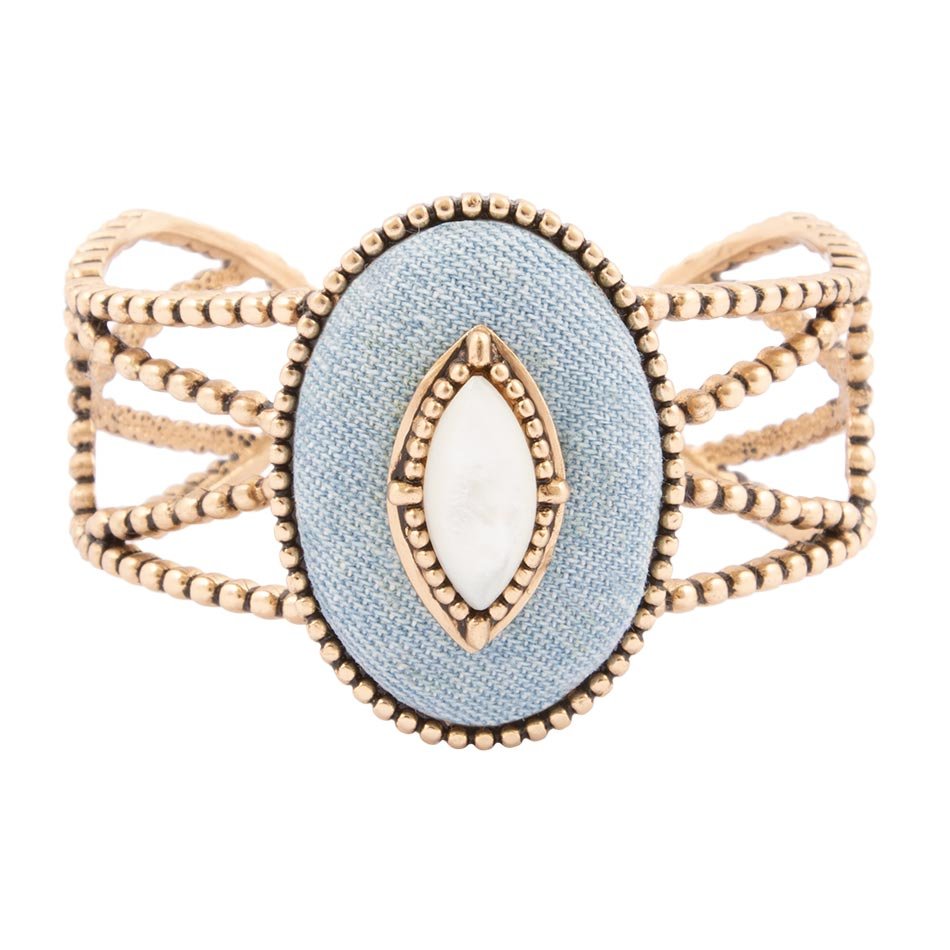 Barse Blue Denim Dreams White Mother of Pearl Golden Cuff Bracelet