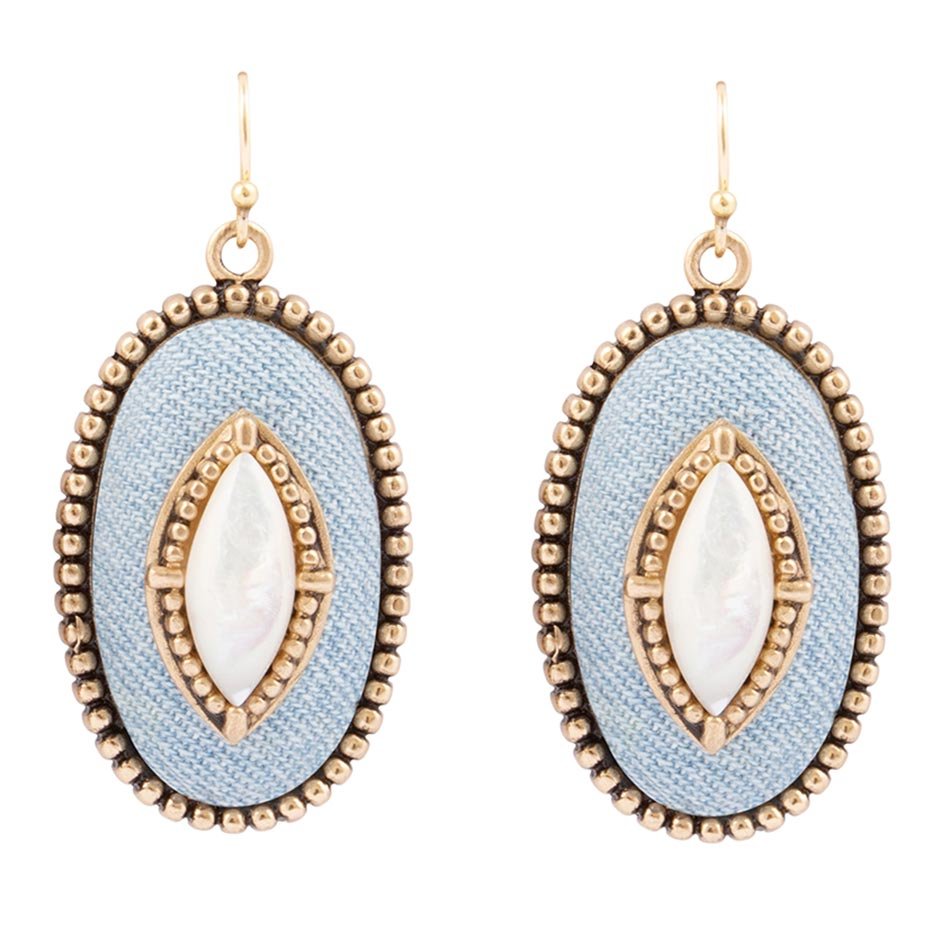 Barse Blue Denim Dreams White Mother of Pearl Golden Drop Earrings