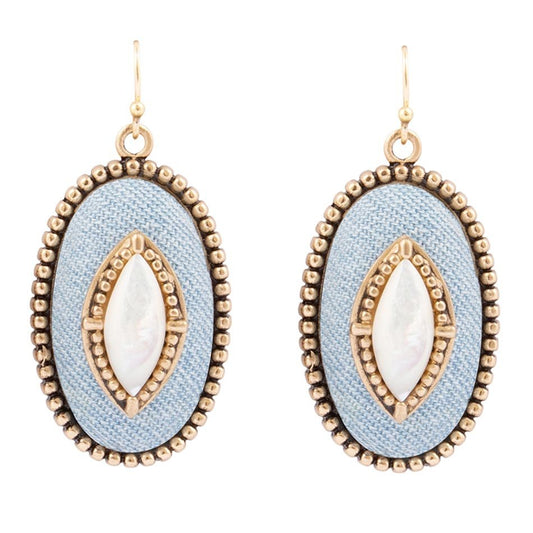 Barse Blue Denim Dreams White Mother of Pearl Golden Drop Earrings