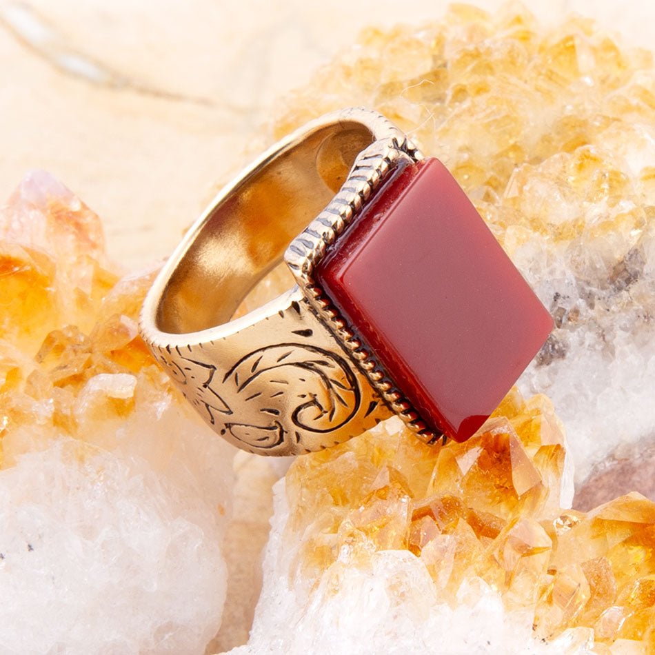 Barse Stamped Orange Carnelian Golden Ring