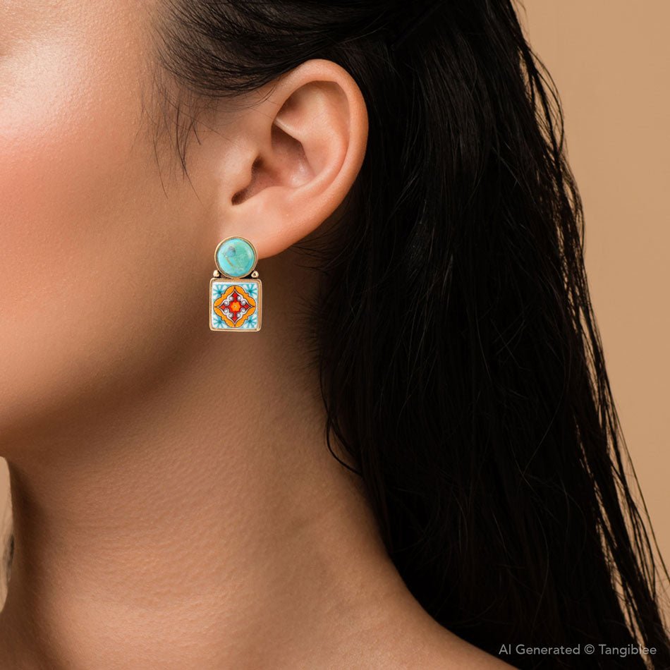 Talavera Tile Blue Turquoise Golden Drop Earrings