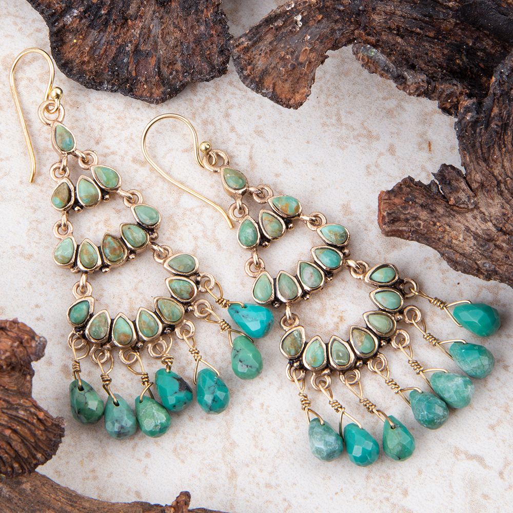 Barse Triple the Blue Turquoise Golden Chandelier Earrings