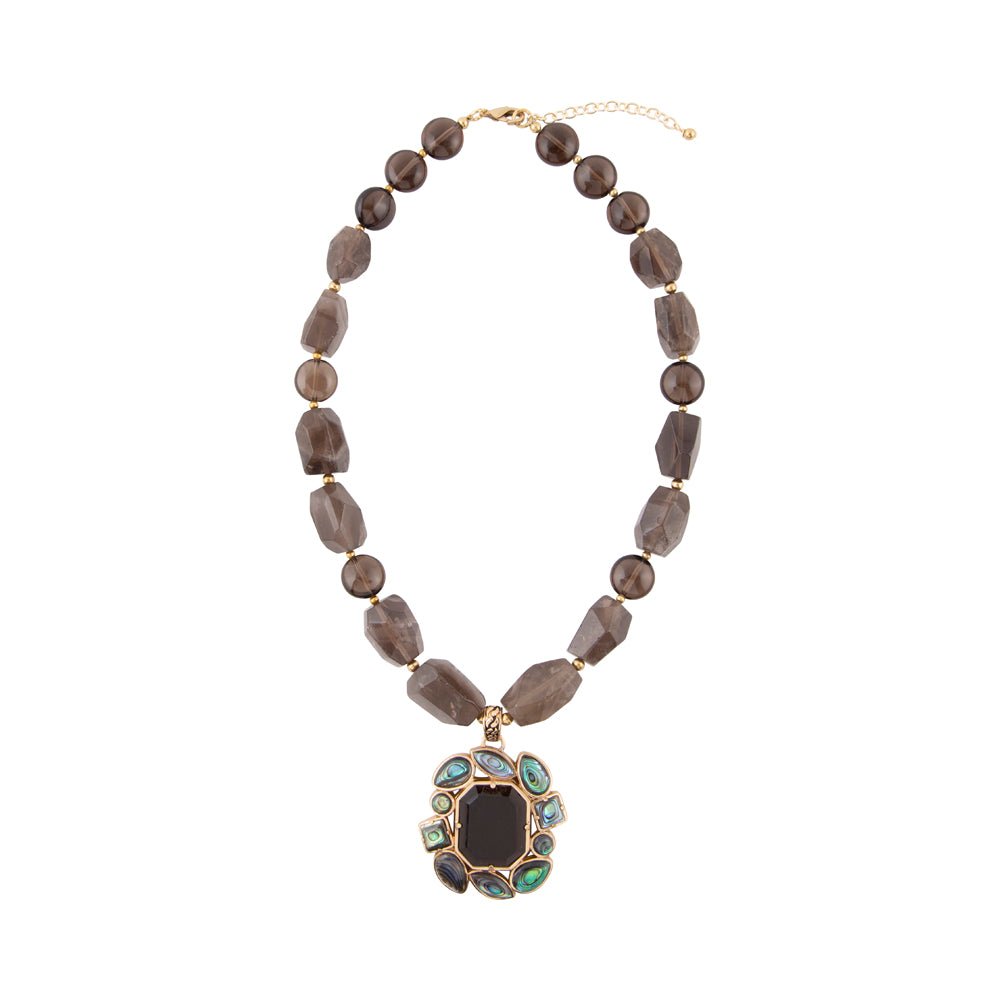 Barse Tribecca Blue Abalone and Black Smoky Quartz Golden Statement Necklace