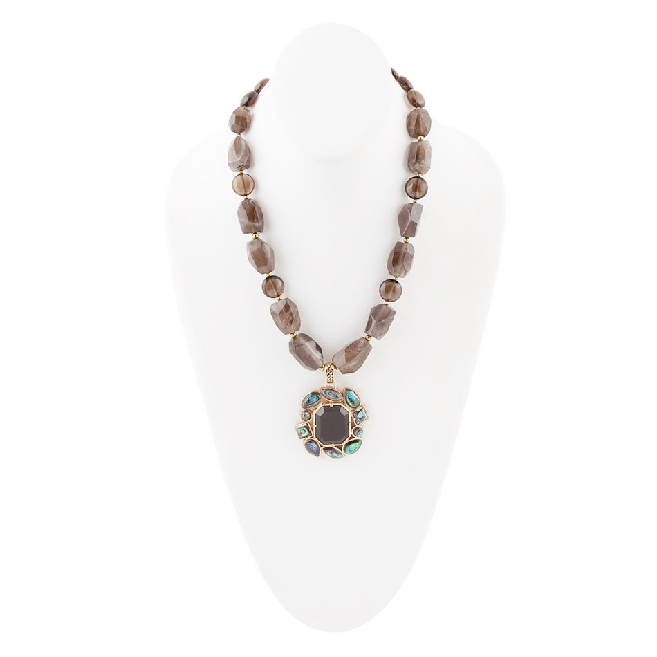 Barse Tribecca Blue Abalone and Black Smoky Quartz Golden Statement Necklace