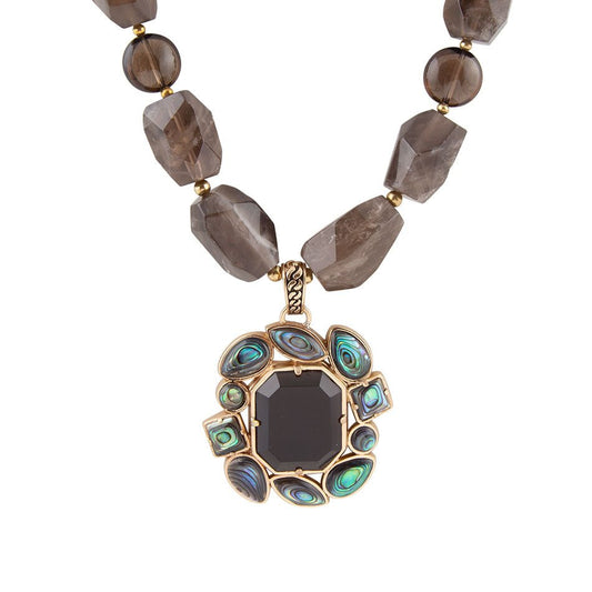 Barse Tribecca Blue Abalone and Black Smoky Quartz Golden Statement Necklace