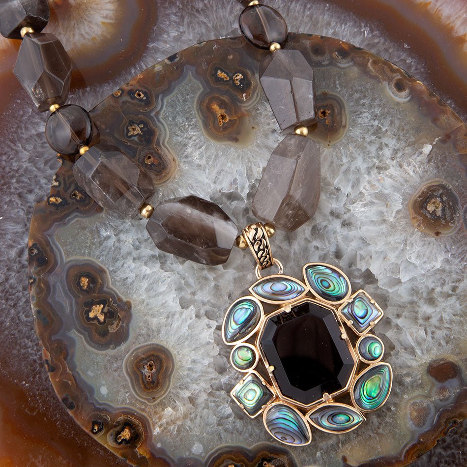 Barse Tribecca Blue Abalone and Black Smoky Quartz Golden Statement Necklace