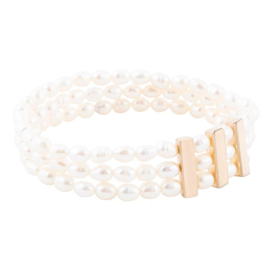 Barse Triple Freshwater White Pearl Classic Golden Stretch Bracelet