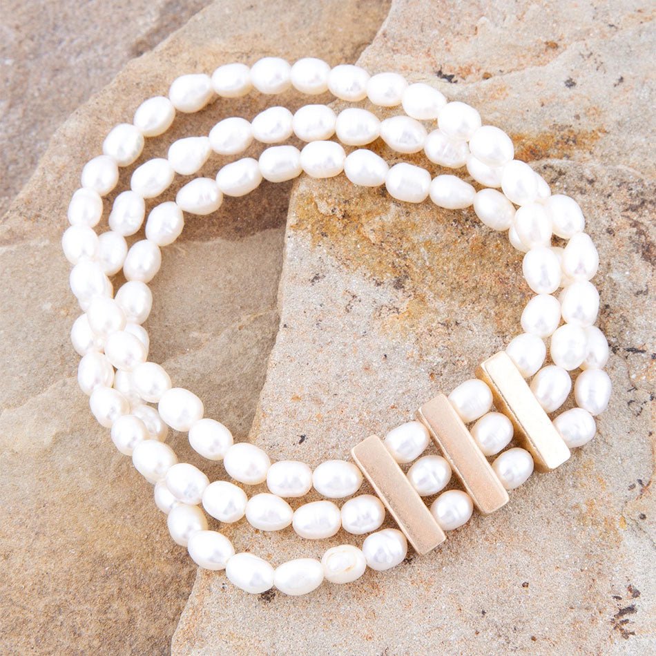 Barse Triple Freshwater White Pearl Classic Golden Stretch Bracelet