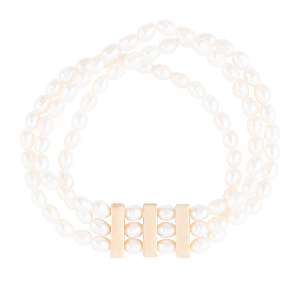Barse Triple Freshwater White Pearl Classic Golden Stretch Bracelet