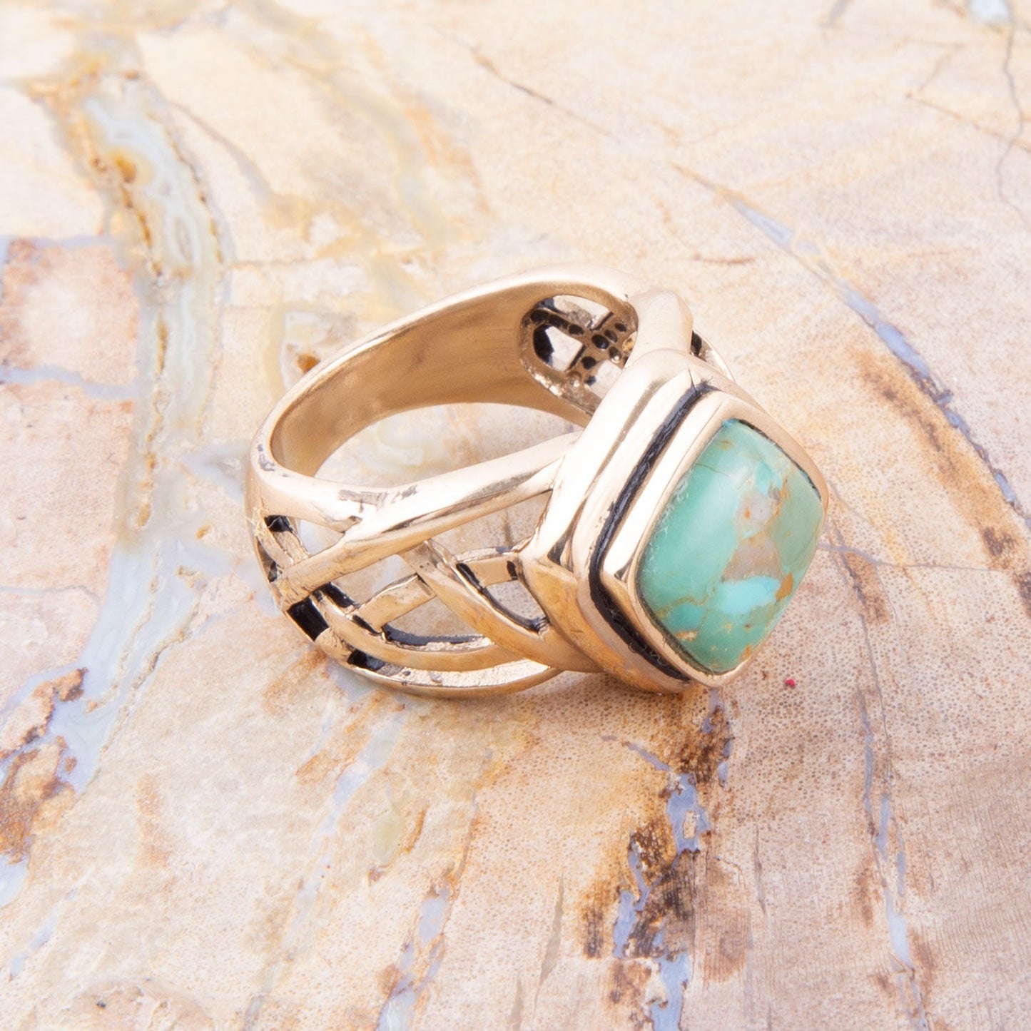 Barse Blue Turquoise and Golden Bronze Cut Out Ring