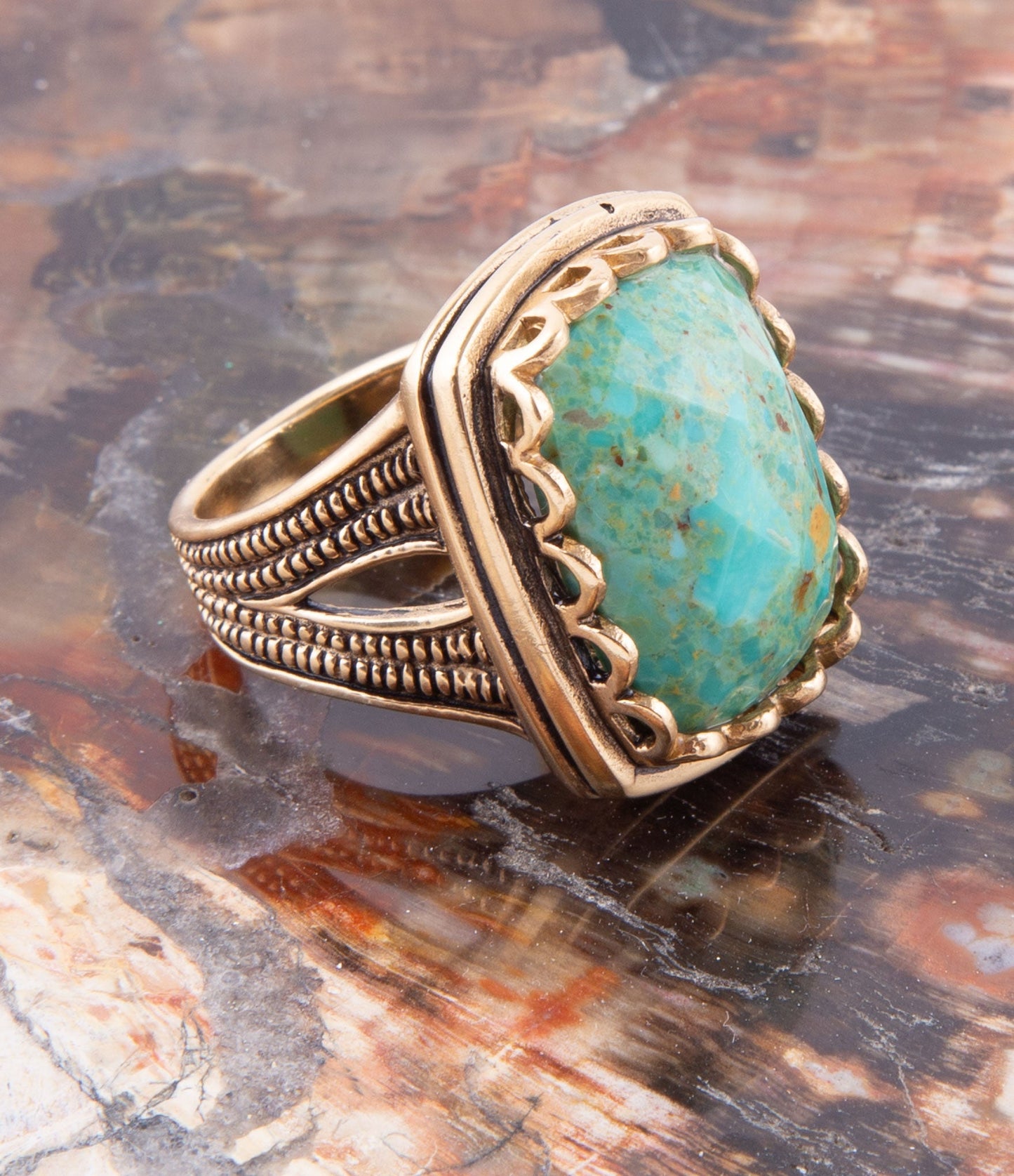 Barse Blue Turquoise and Golden Cocktail Ring