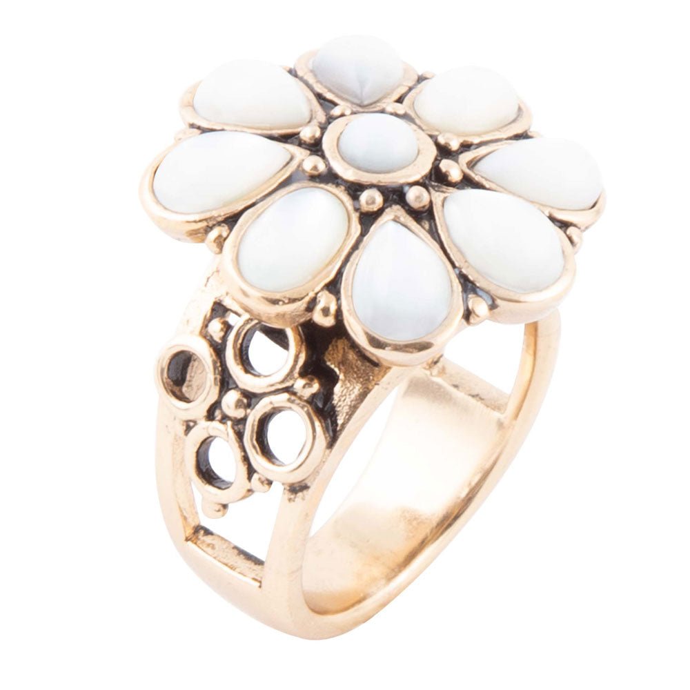 Barse White Hibiscus Mother of Pearl and Golden Ring