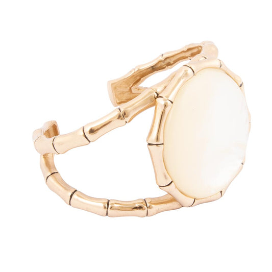 Barse White Mother of Pearl Golden Bamboo Cuff Bracelet