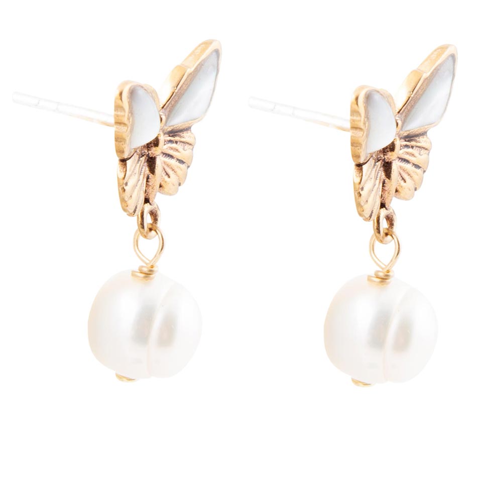 Barse White Mother of Pearl Golden Butterflies Post Drop Earrings
