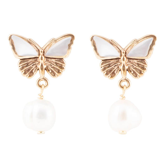 Barse White Mother of Pearl Golden Butterflies Post Drop Earrings