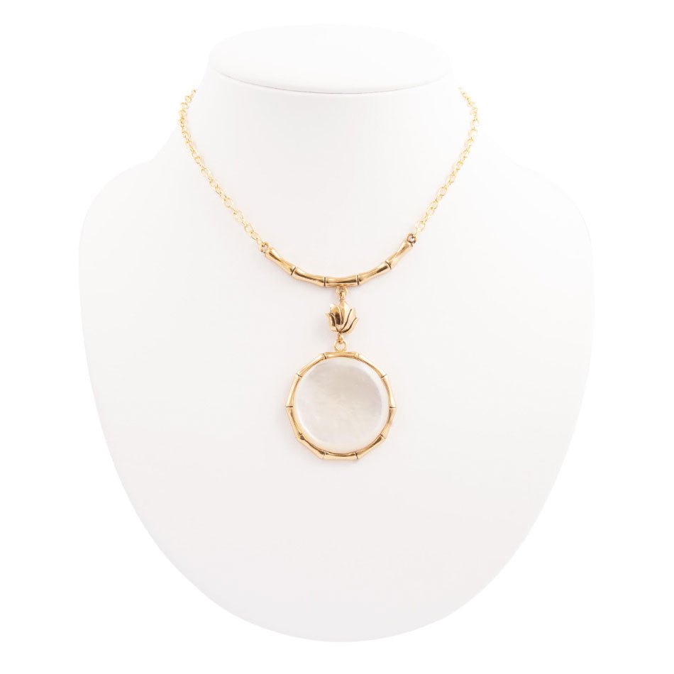 Barse White Mother of Pearl Golden Statement Pendant Necklace