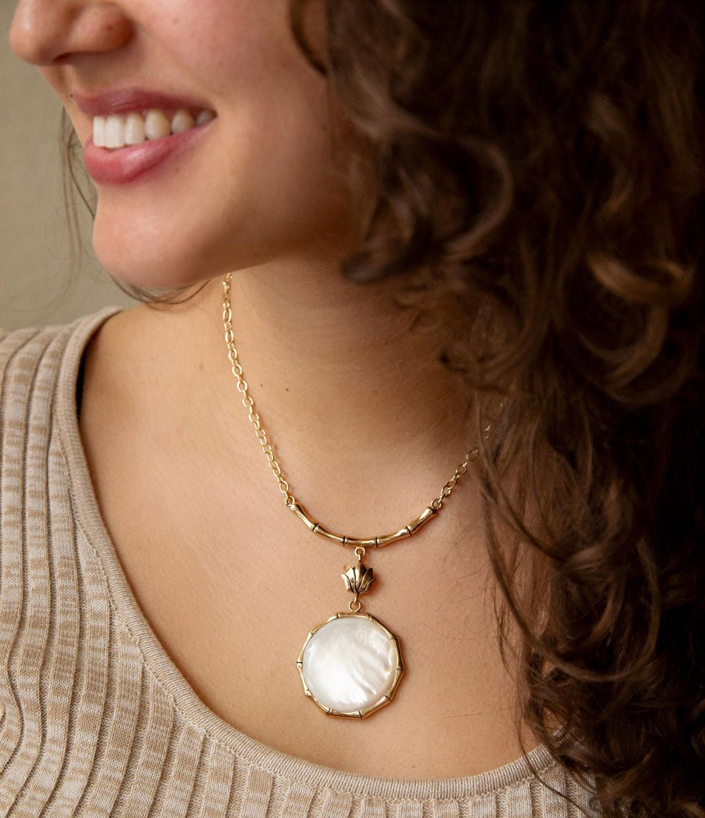 Barse White Mother of Pearl Golden Statement Pendant Necklace