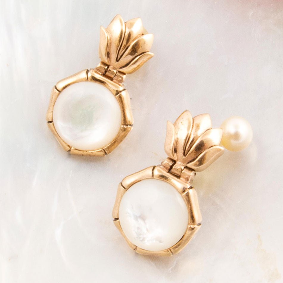 Barse White Mother of Pearl Lotus Post Golden Drop Earrings