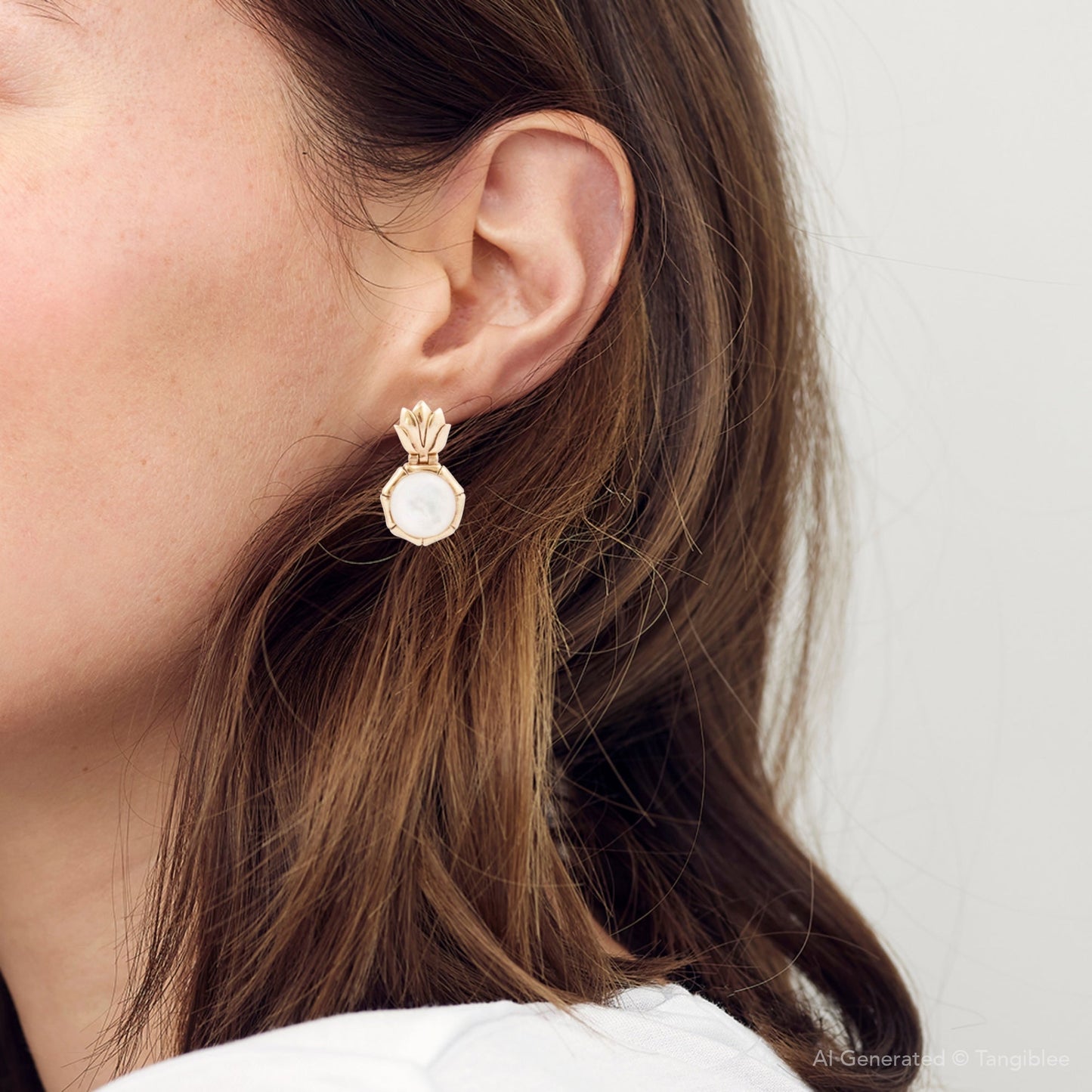 Barse White Mother of Pearl Lotus Post Golden Drop Earrings