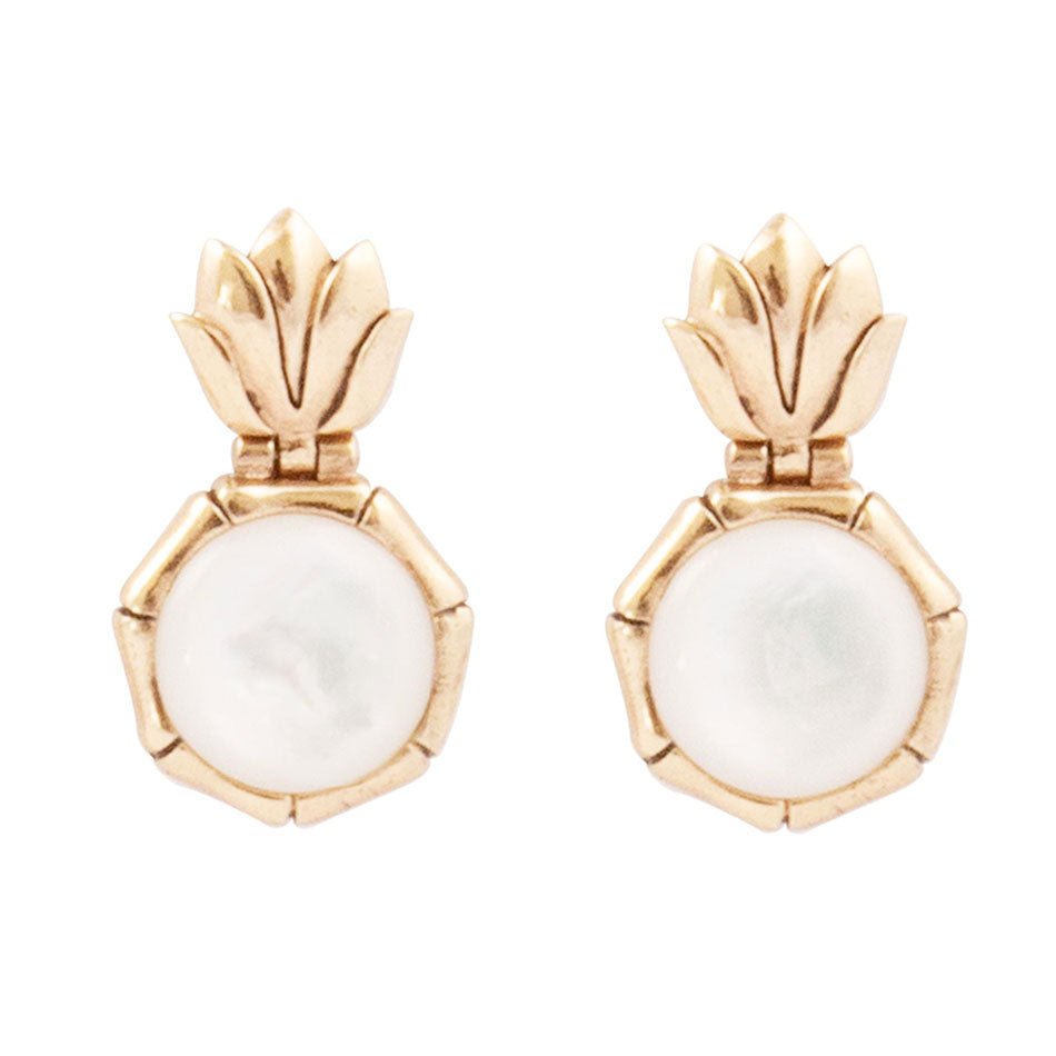 Barse White Mother of Pearl Lotus Post Golden Drop Earrings