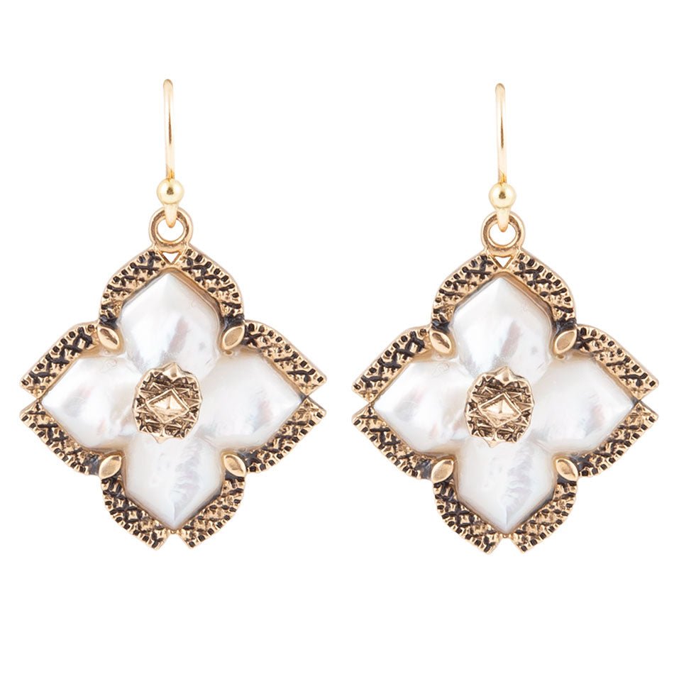 Barse White Mother of Pearl Maltese Cross Golden Drop Earrings