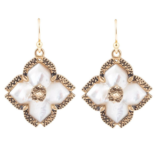 Barse White Mother of Pearl Maltese Cross Golden Drop Earrings