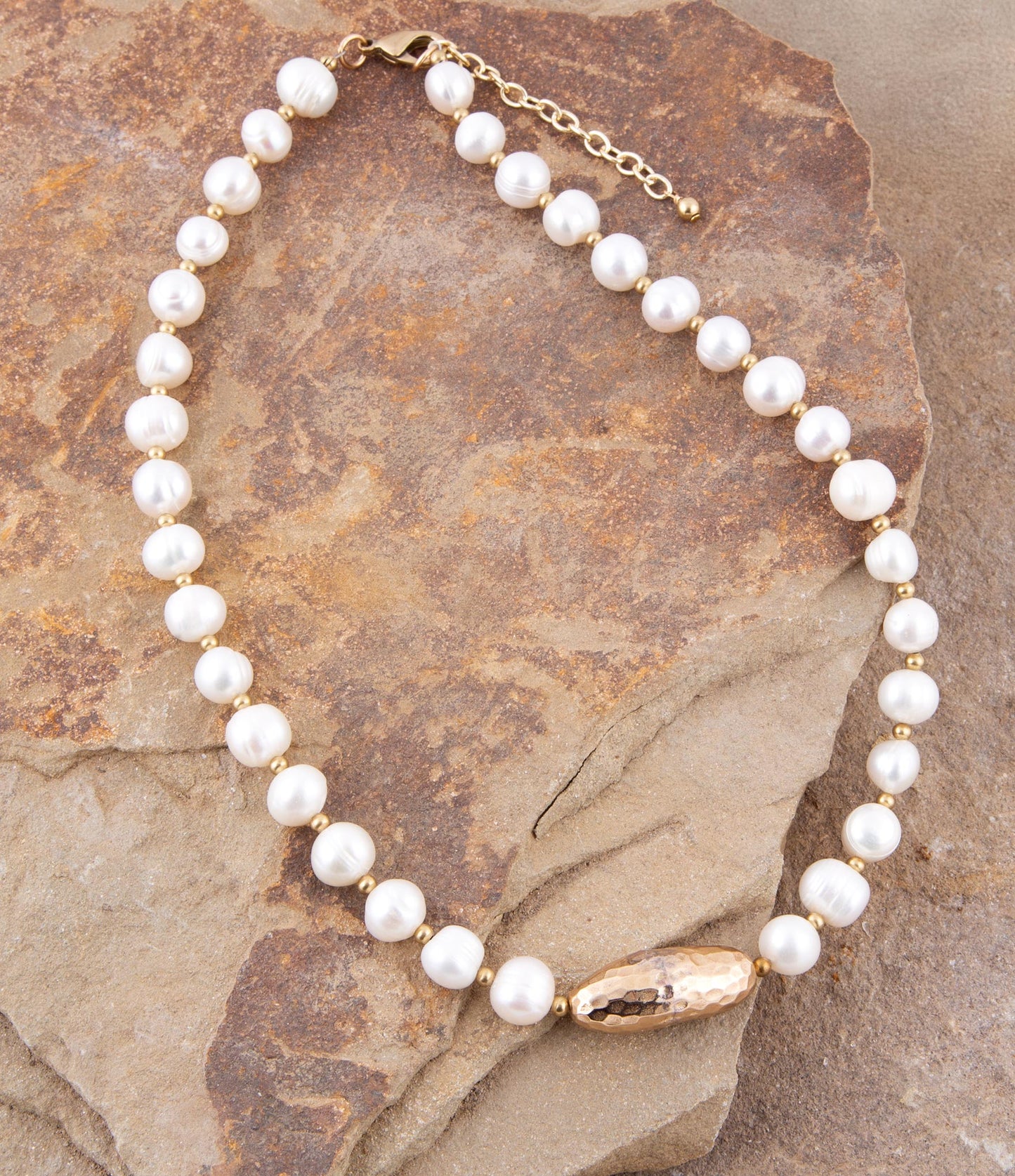 Barse White Pearl Golden Beaded Strand Necklace