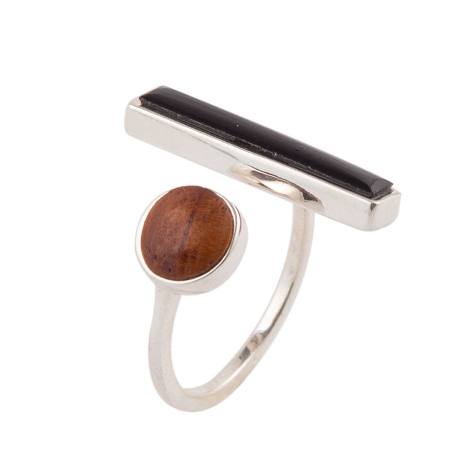 Barse Brown Wood and Black Onyx Size Adjustable Sterling Silver Ring