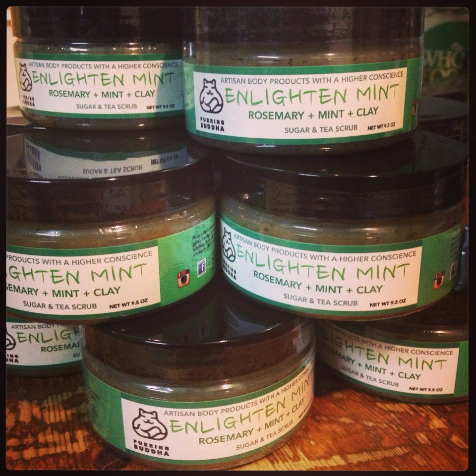 Enlighten Mint Sugar Scrub. Rosemary Mint. Sugar Scrub. Organic Coconut Oil. Organic Shea Butter. Made in Utah.