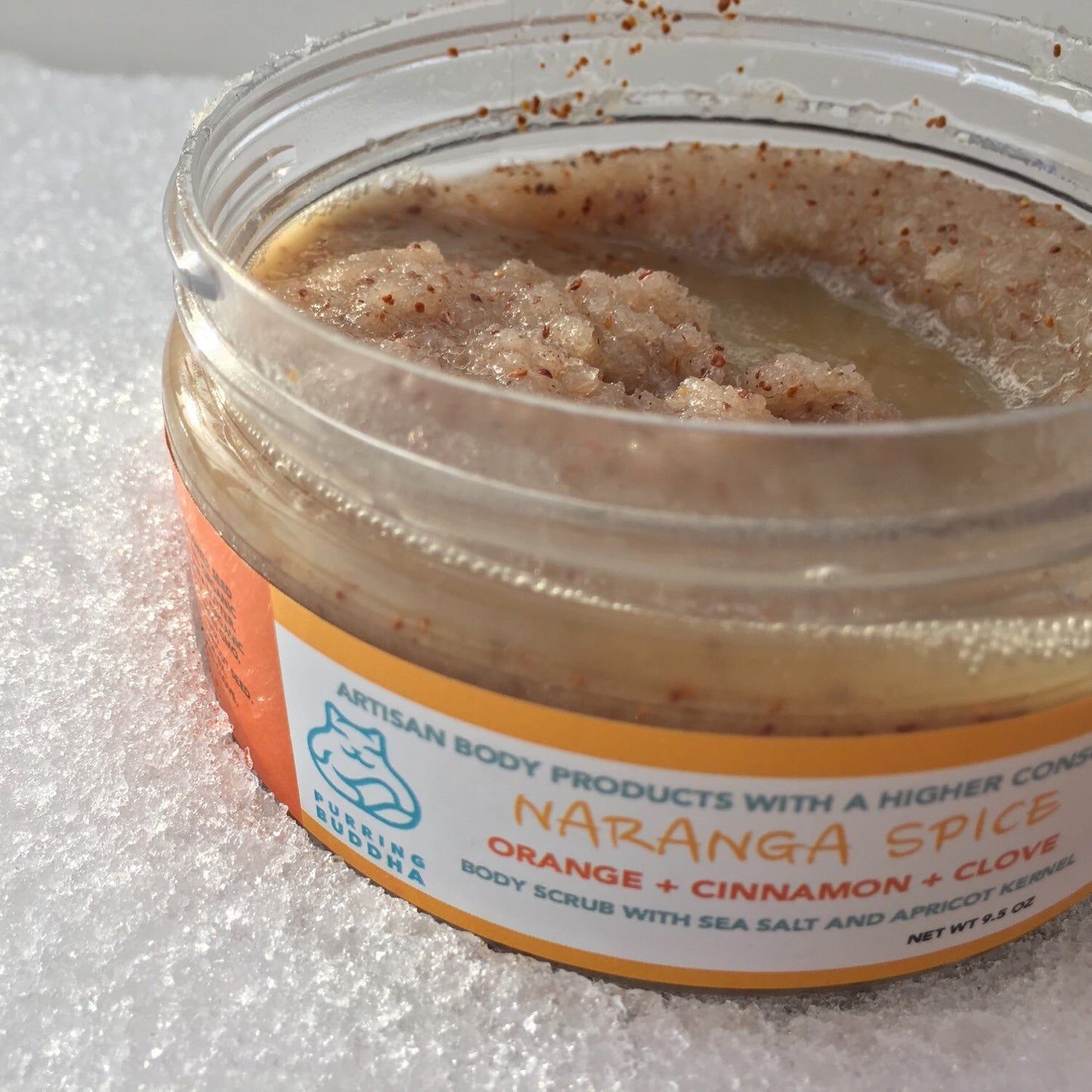 Naranga Spice Sea Salt Scrub.Orange. Cinnamon. Nutmeg. Clove.  Essential Oils. Organic Coconut Oil. Organic Shea Butter. Made in Utah.